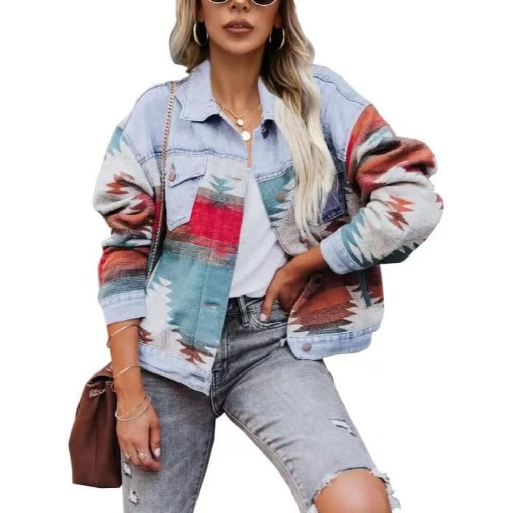 Women's Light Blue Denim Jacket Distressed Lapel Long Sleeve Vintage Button